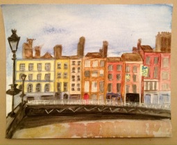 Painting of the Quays in Dublin city, Ireland, in watercolour paints.