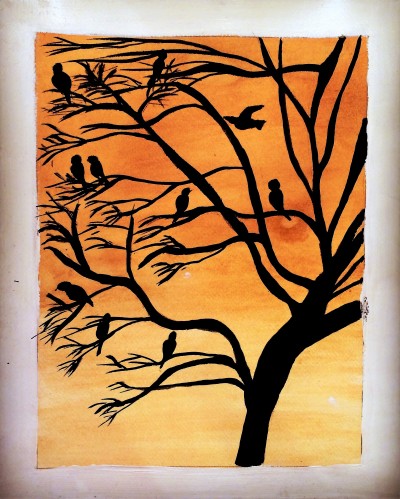 Ink drawing of birds in a tree with tea stained background