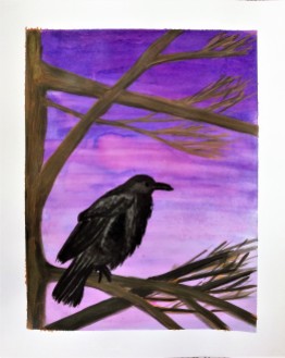 Ink painting of a raven in tree and purple sky
